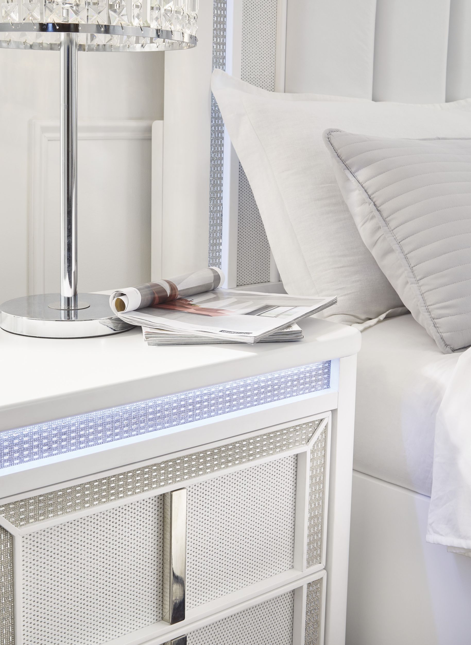 California King Upholstered Storage Bed With Mirrored Dresser