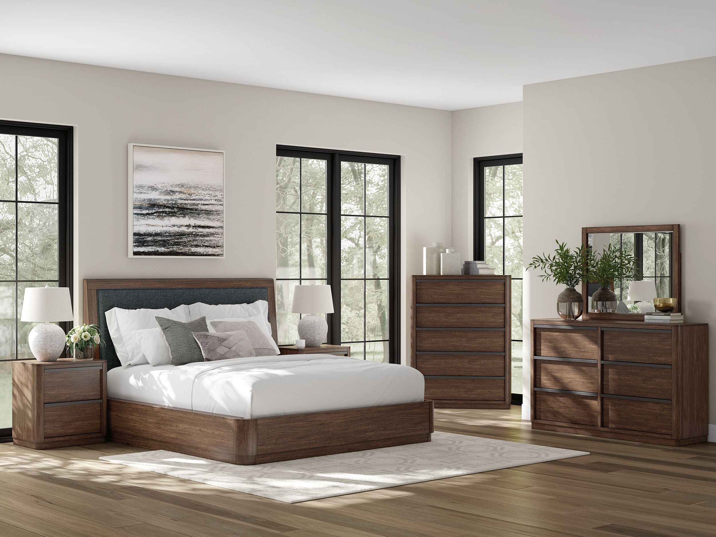 Dilenno Fabric/Wood Panel Bedroom Set w/USB Charger