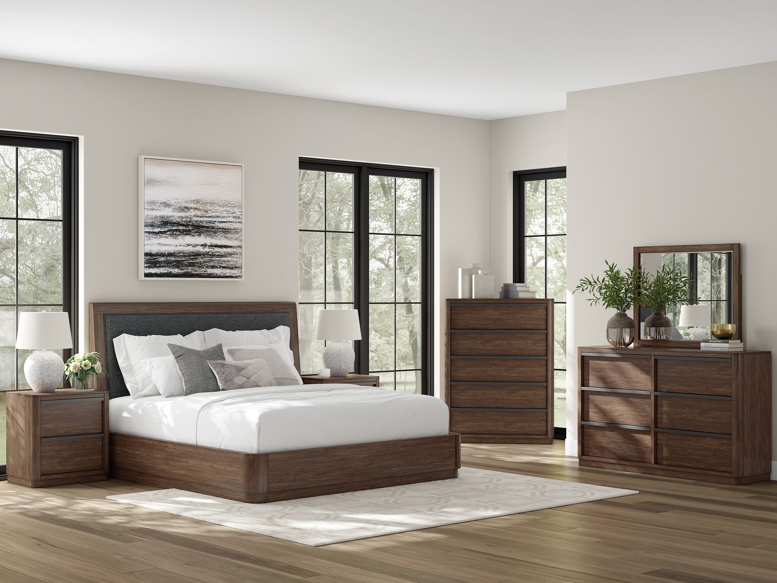 Dilenno Fabric/Wood Panel Bedroom Set w/USB Charger