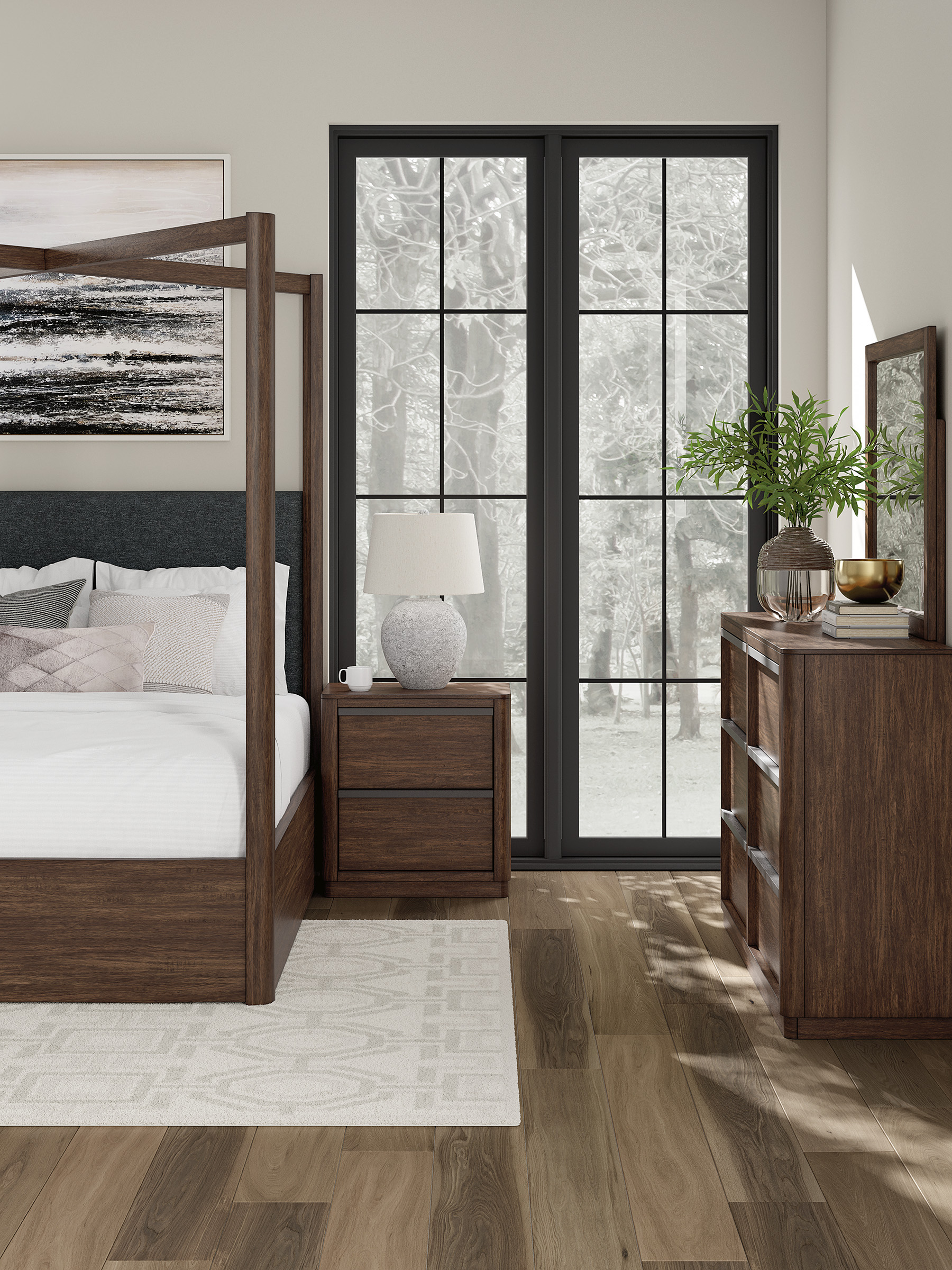 Dilenno Fabric/Wood Canopy Bedroom Set w/USB Charger