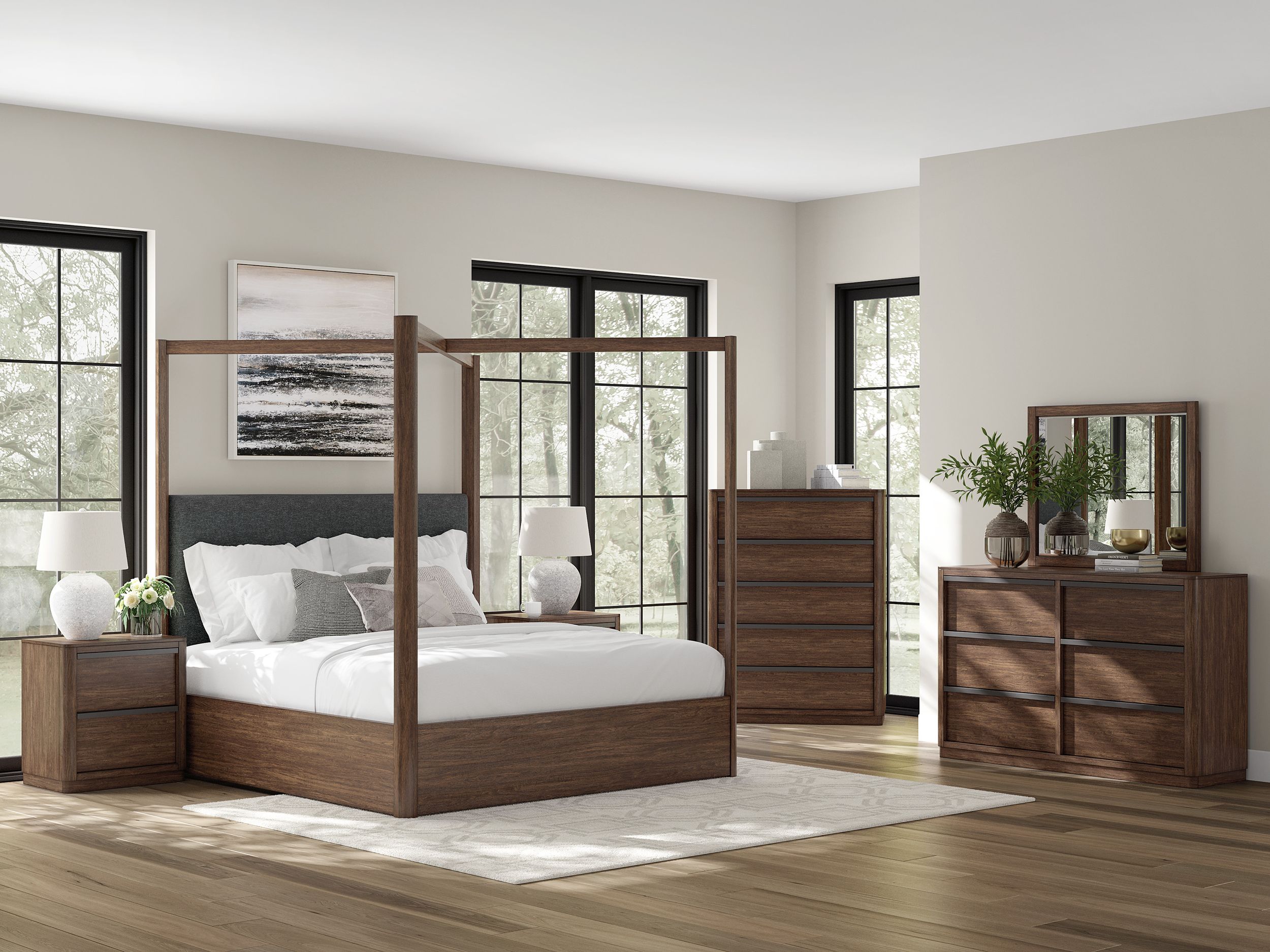 Dilenno Fabric/Wood Canopy Bedroom Set w/USB Charger