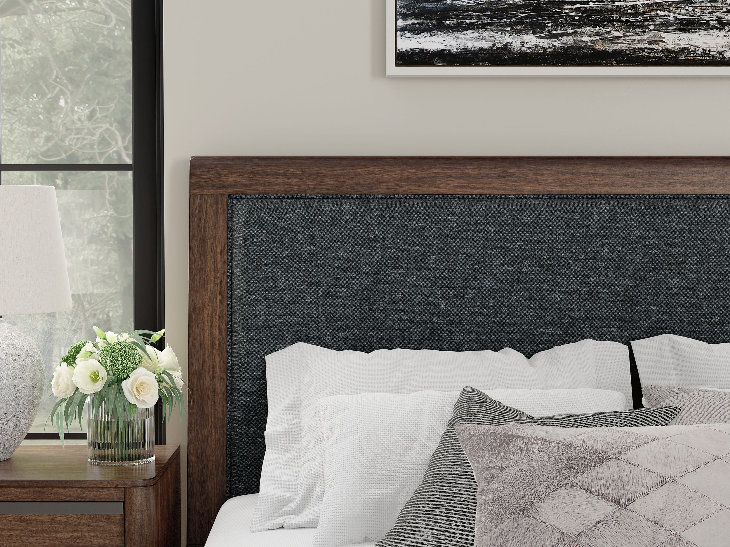Dilenno Fabric/Wood Panel Bed w/USB Charger