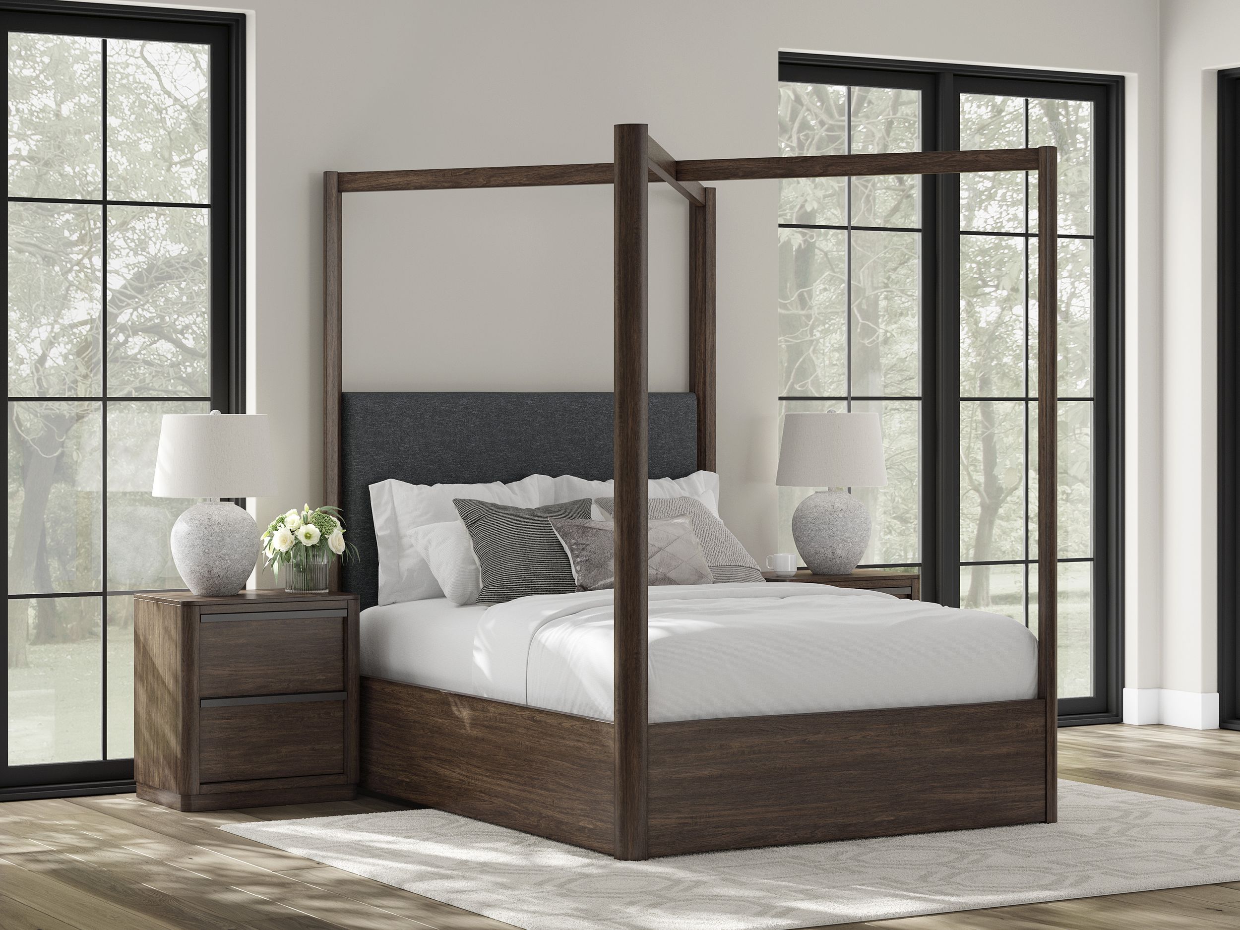 Dilenno Fabric/Wood Canopy Bed w/USB Charger, California King Size