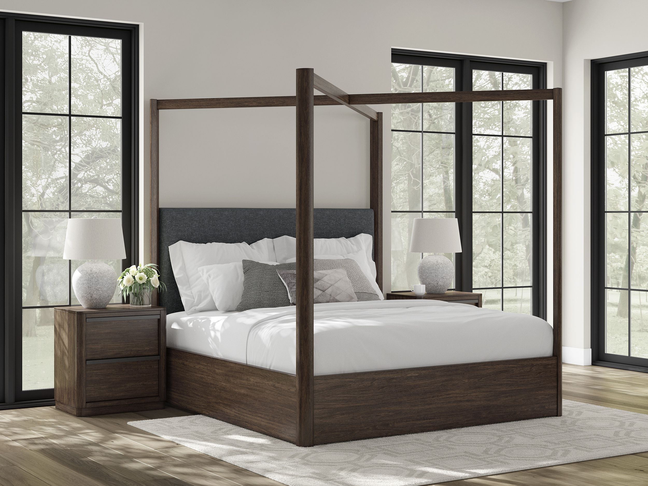 Dilenno Fabric/Wood Canopy Bed w/USB Charger, Queen Size