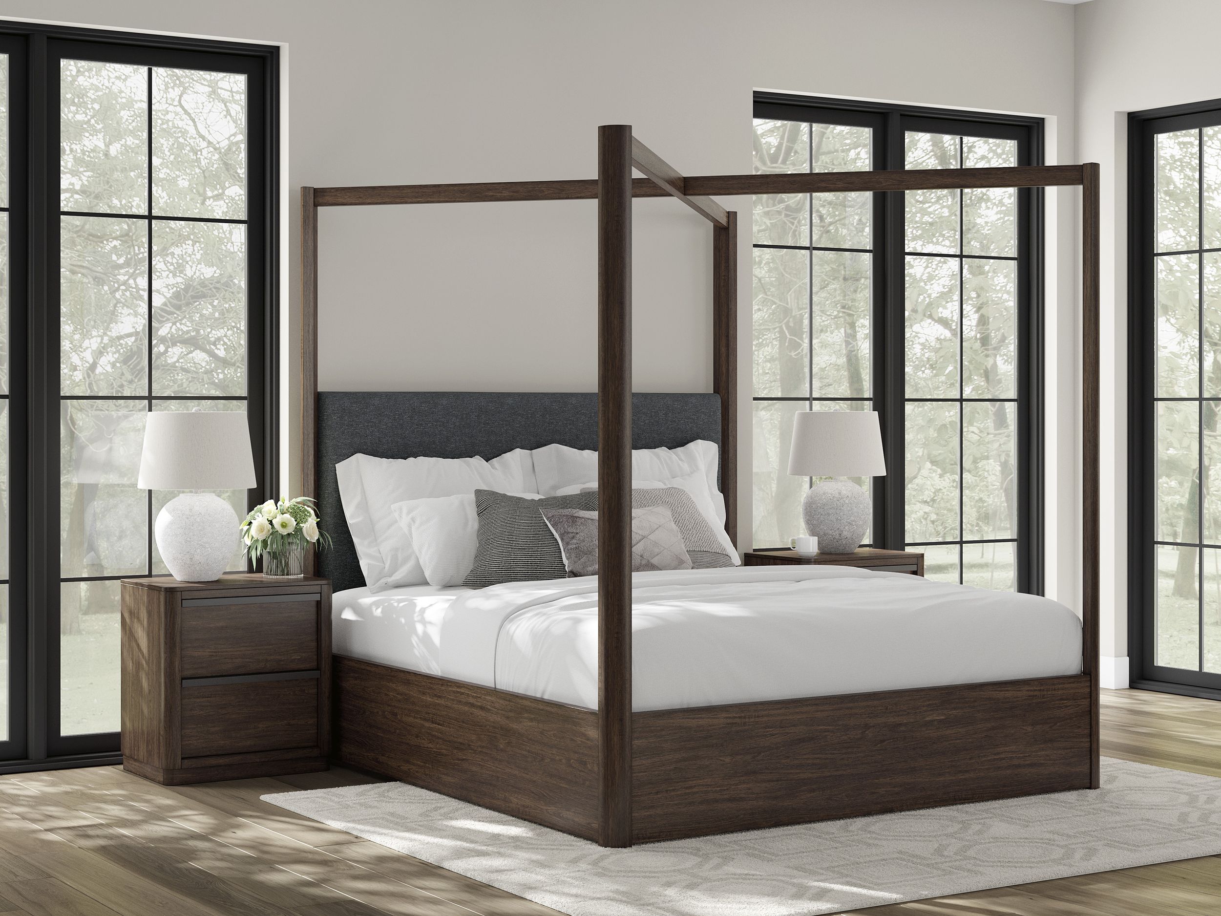 Dilenno Fabric/Wood Canopy Bed w/USB Charger, Queen Size