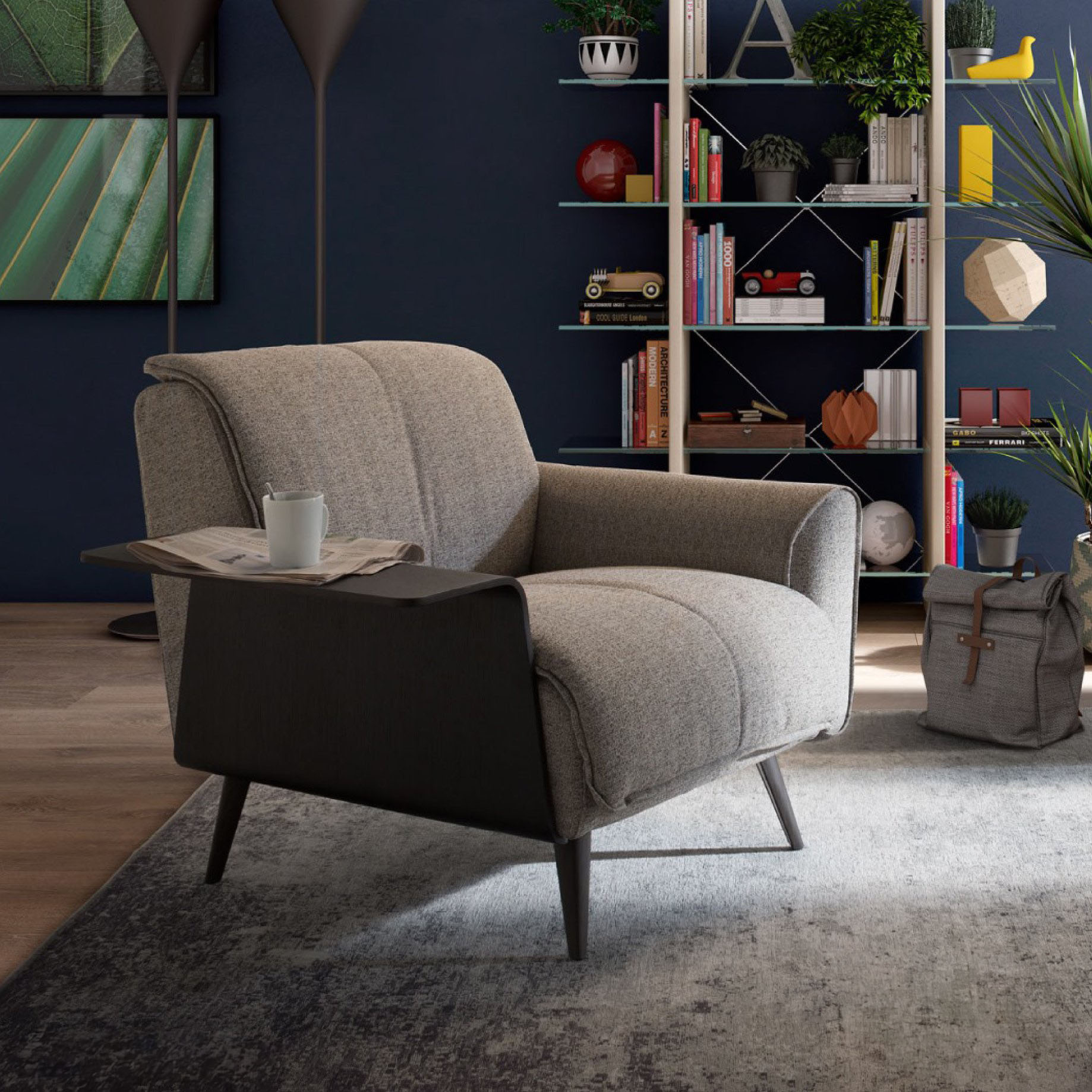 Talento Fabric/Leather Chair w/ 1 Arm & Shelf