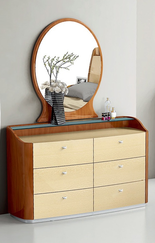 Pantek B 132 6-Drawer Dresser &amp; Mirror, High Gloss 2 Tone Cherry