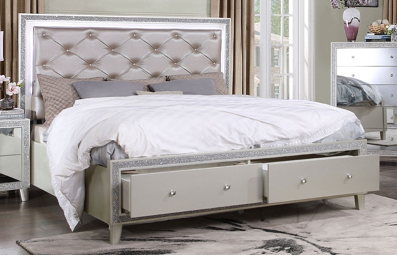 Sliverfluff PU/Wood Storage Panel Bed w/LED Light, Eastern King Size