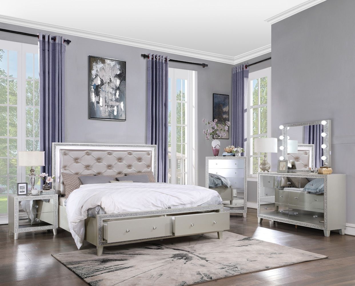 Sliverfluff PU/Wood Storage Panel Bedroom Set w/LED Light