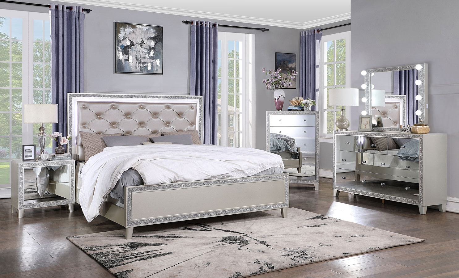 Sliverfluff PU/Wood Panel Bedroom Set w/LED Light