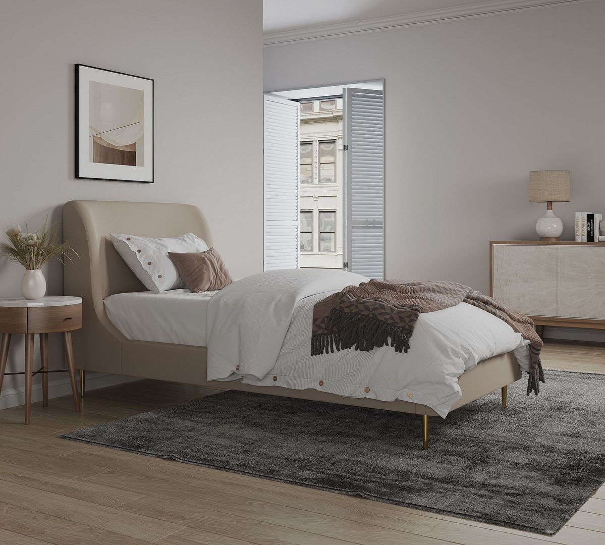 Manhattan Comfort Heather Velvet Platform Twin Size Bed, Taupe/Gold
