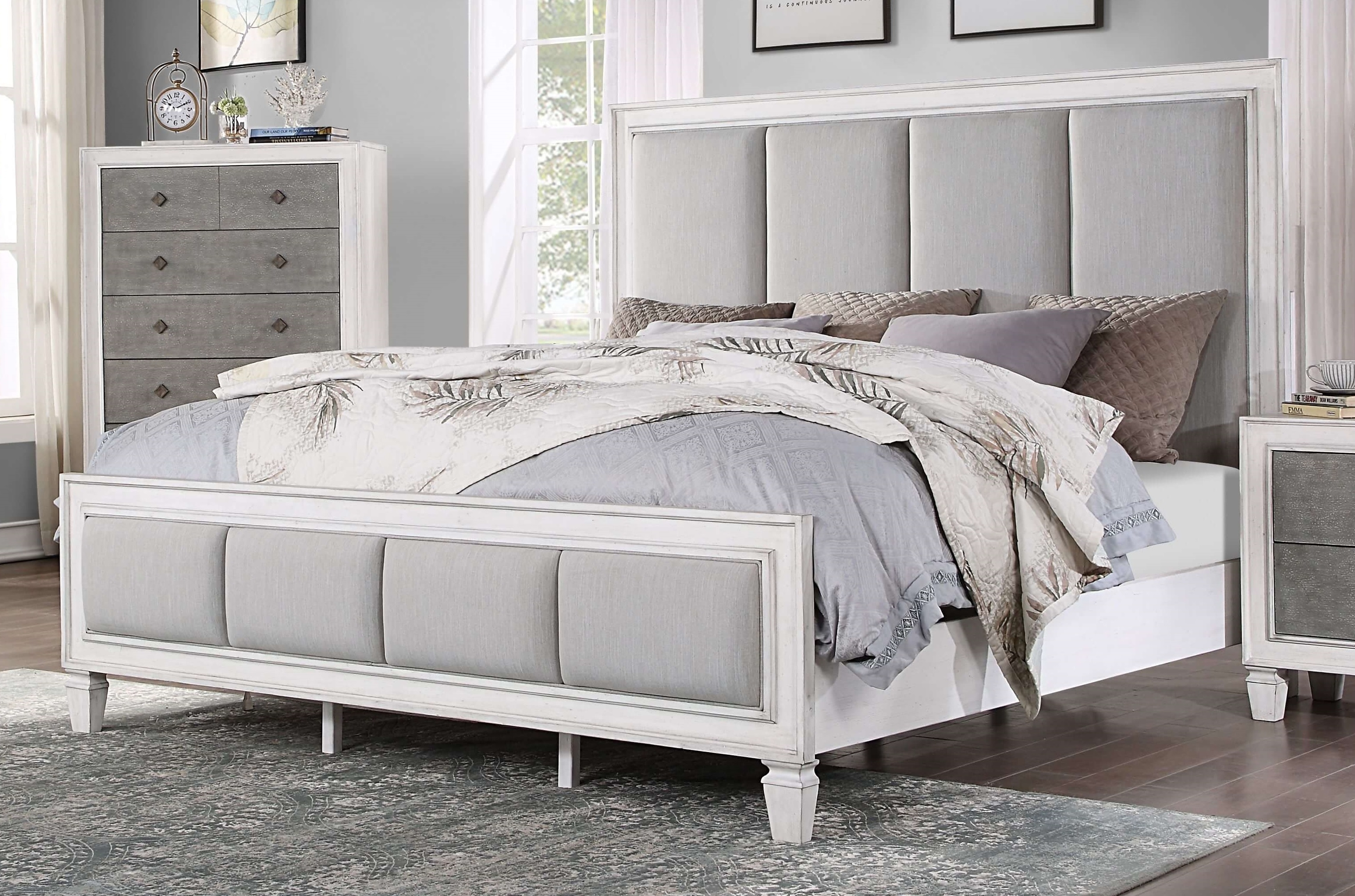  VINTAGE VIBE LIGHT GRAY LINEN RUSTIC GRAY WEATHERED WHITE FINISH QUEEN SIZE BED CAMA