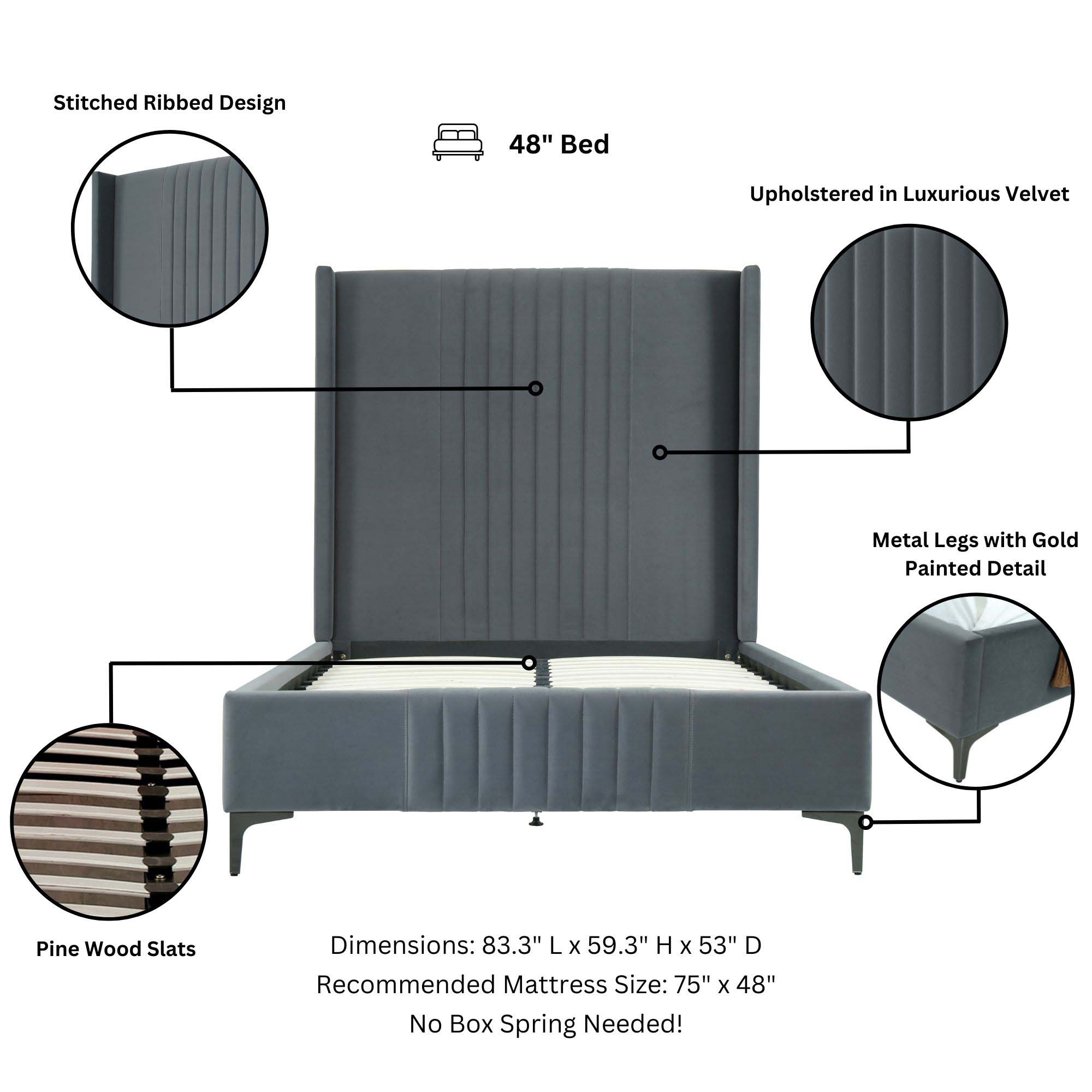 Promenade Velvet Platform Three Quarter Size Bed