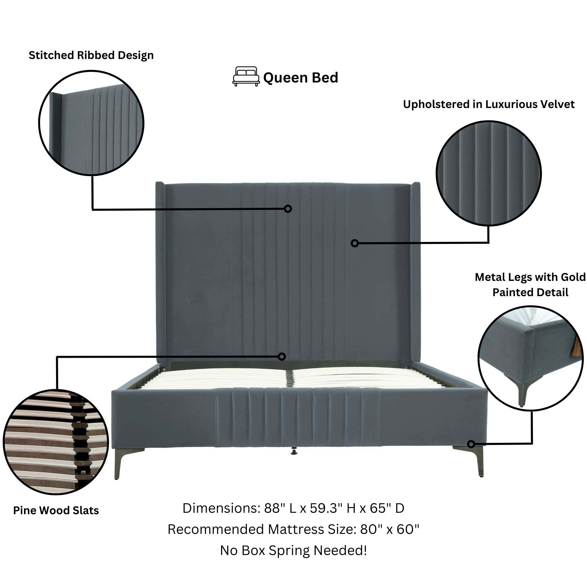 Promenade Velvet Platform Queen Size Bed