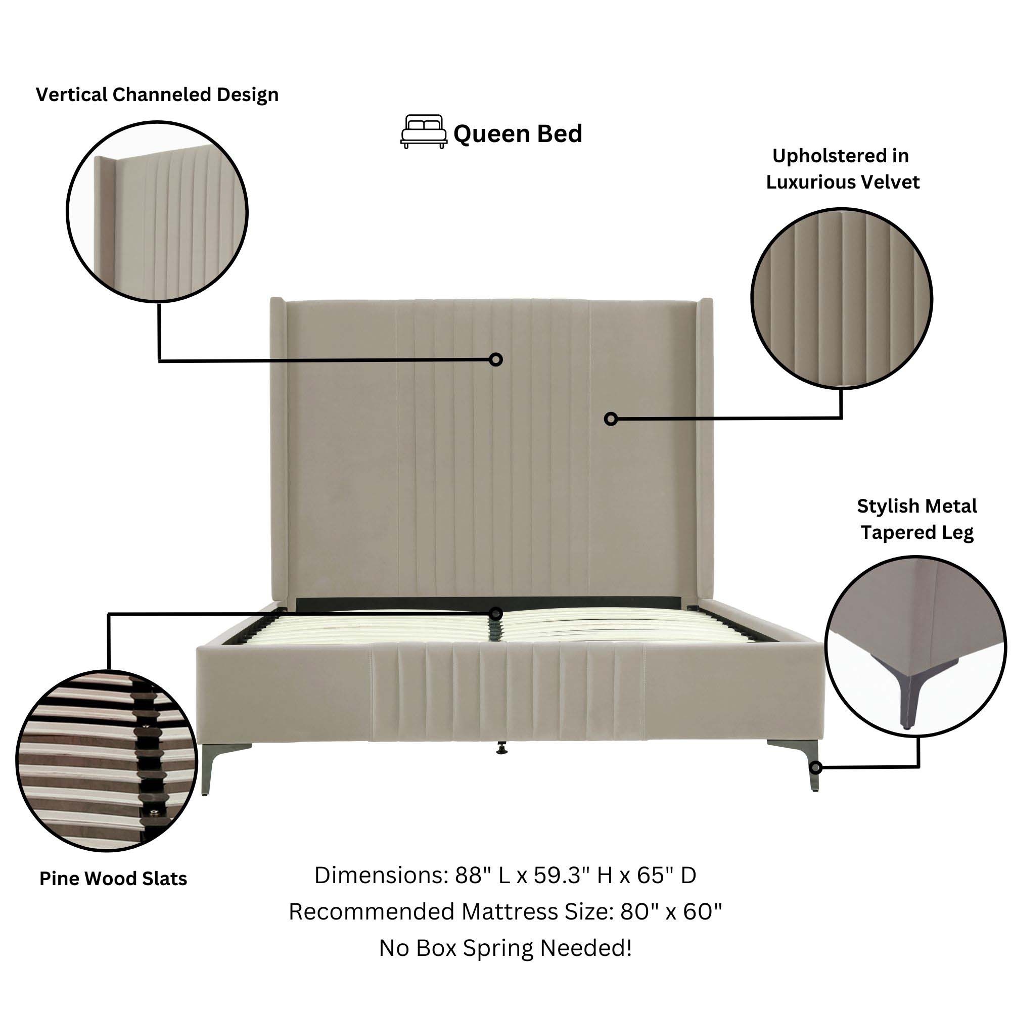 Promenade Velvet Platform Queen Size Bed