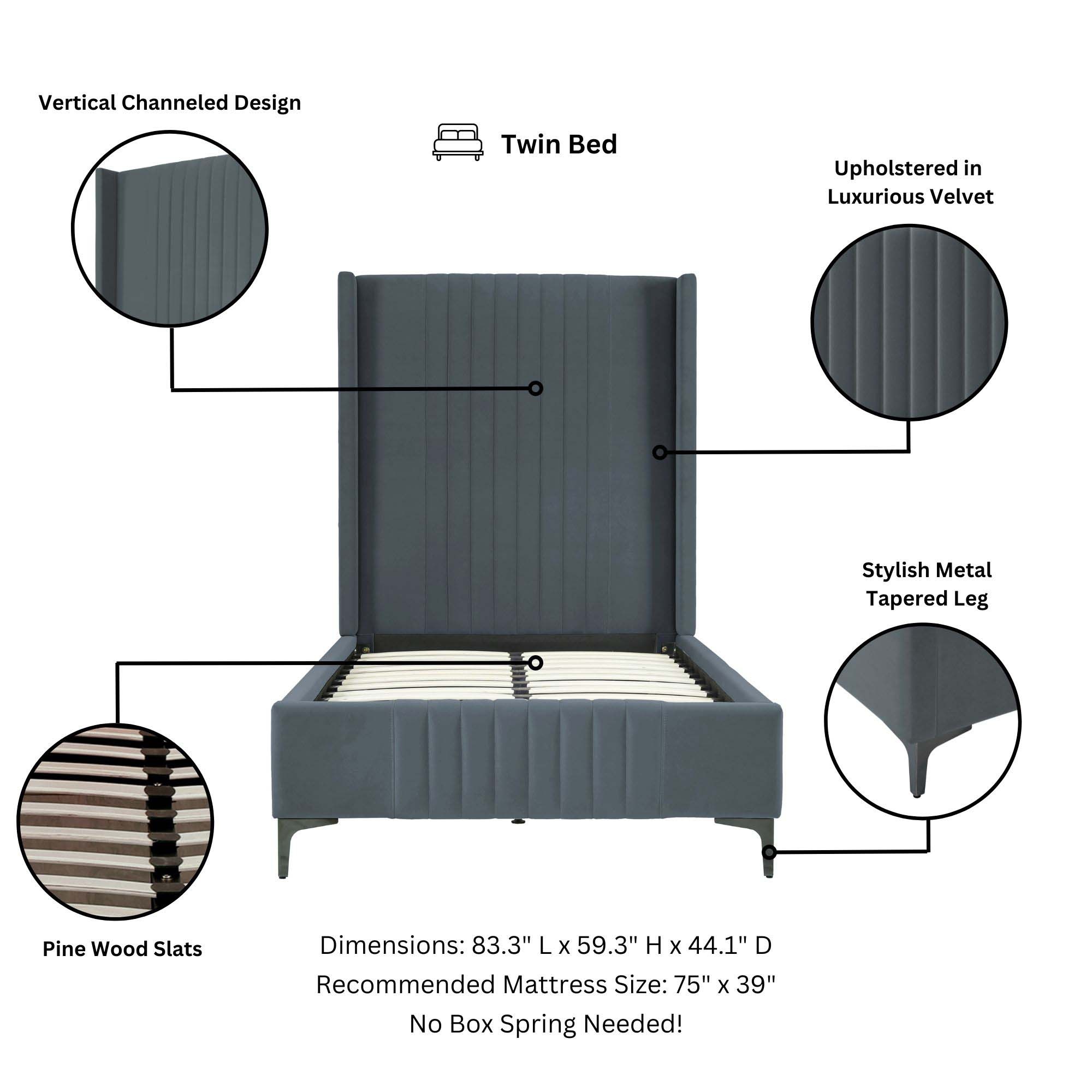 Promenade Velvet Platform Twin Size Bed