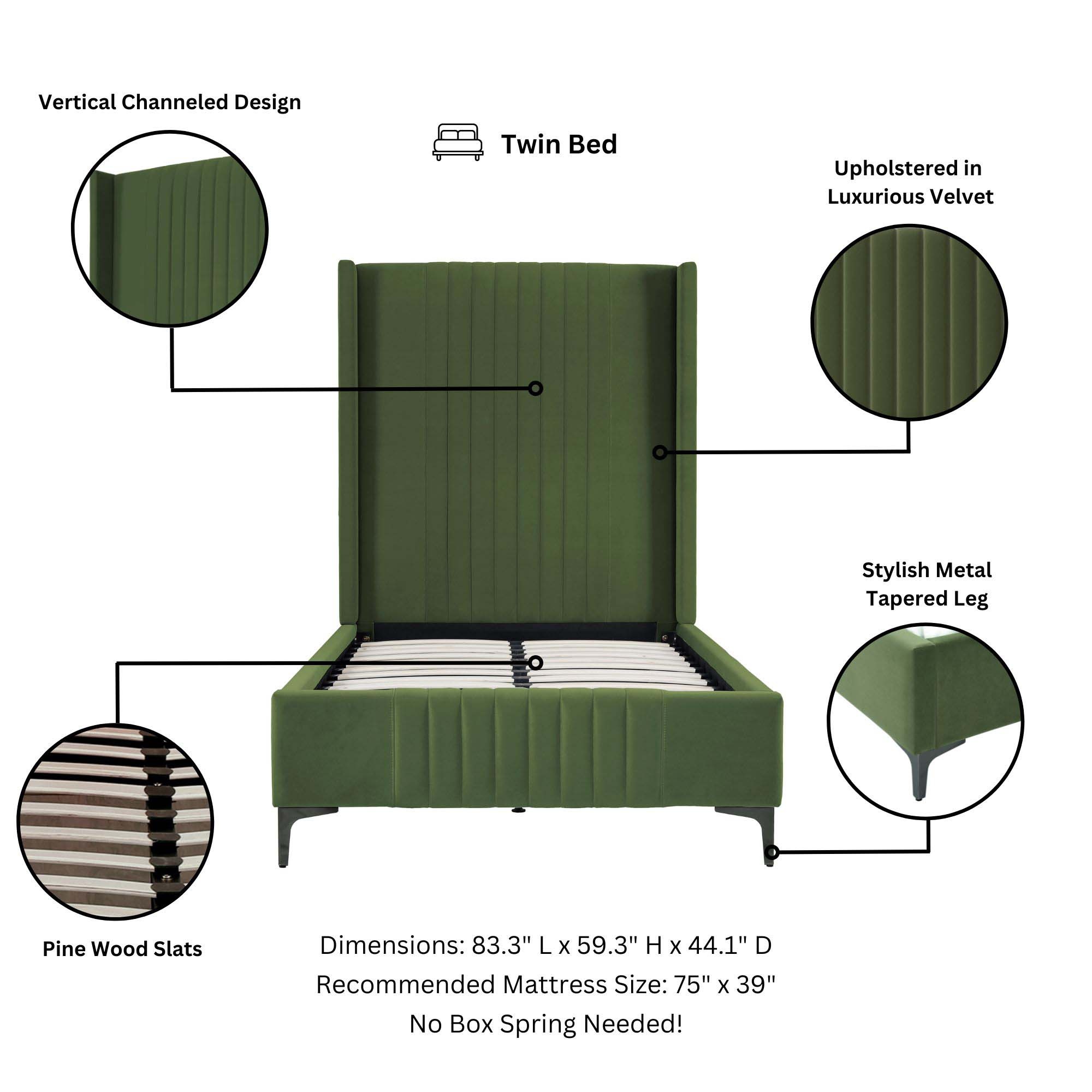 Promenade Velvet Platform Twin Size Bed