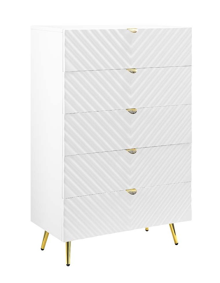 Tyra 49 Inch Wood Tall Dresser Chest, Wavy Design, Gold Metal Legs, White- Saltoro Sherpi