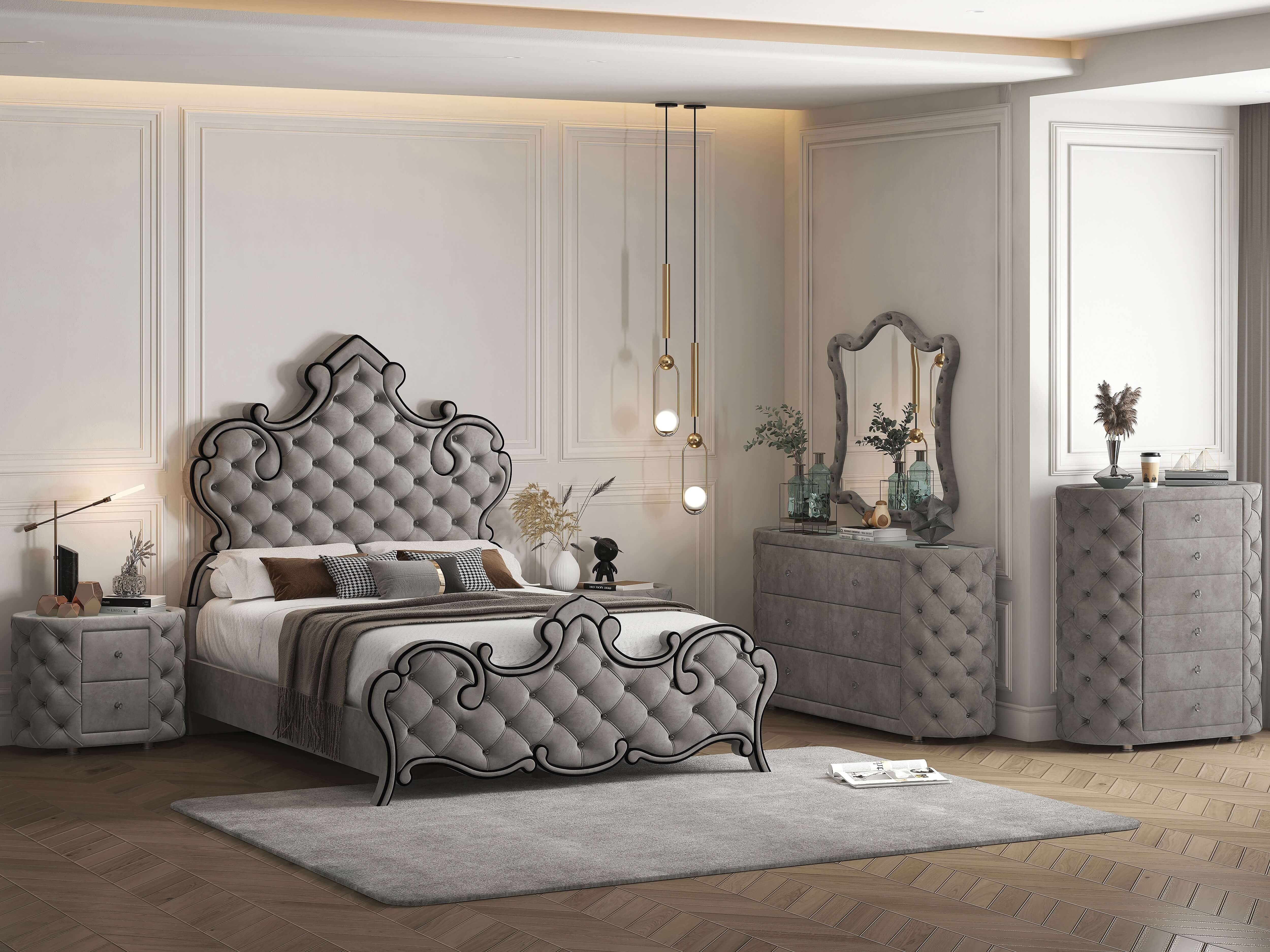 Perine Queen Bed in Gray Velvet Bedroom Sets