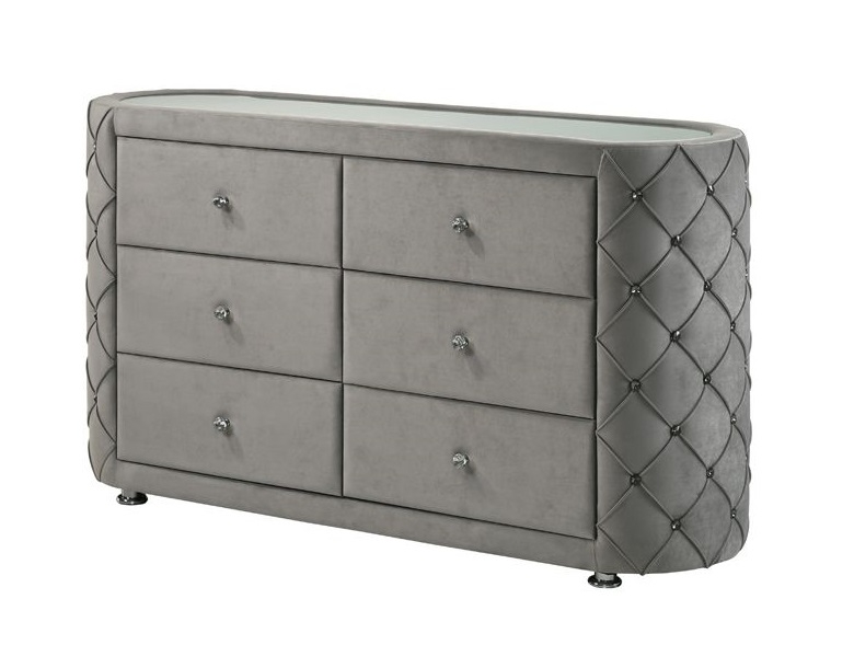  6 Drawers Upholstered Dresser with Button Tufting, Gray Velvet