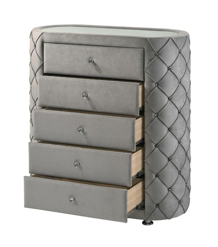Perine Fabric/Wood Tufted Chest w/5 Drawers