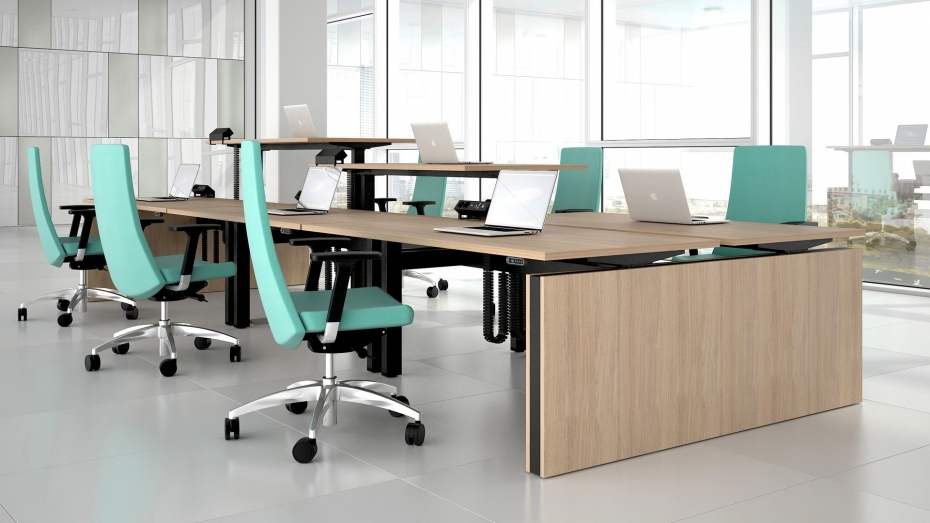 Motion 70.8" Electric 2 Columns Adjustable Office 2-Desk Bench w/One Open Metal Leg