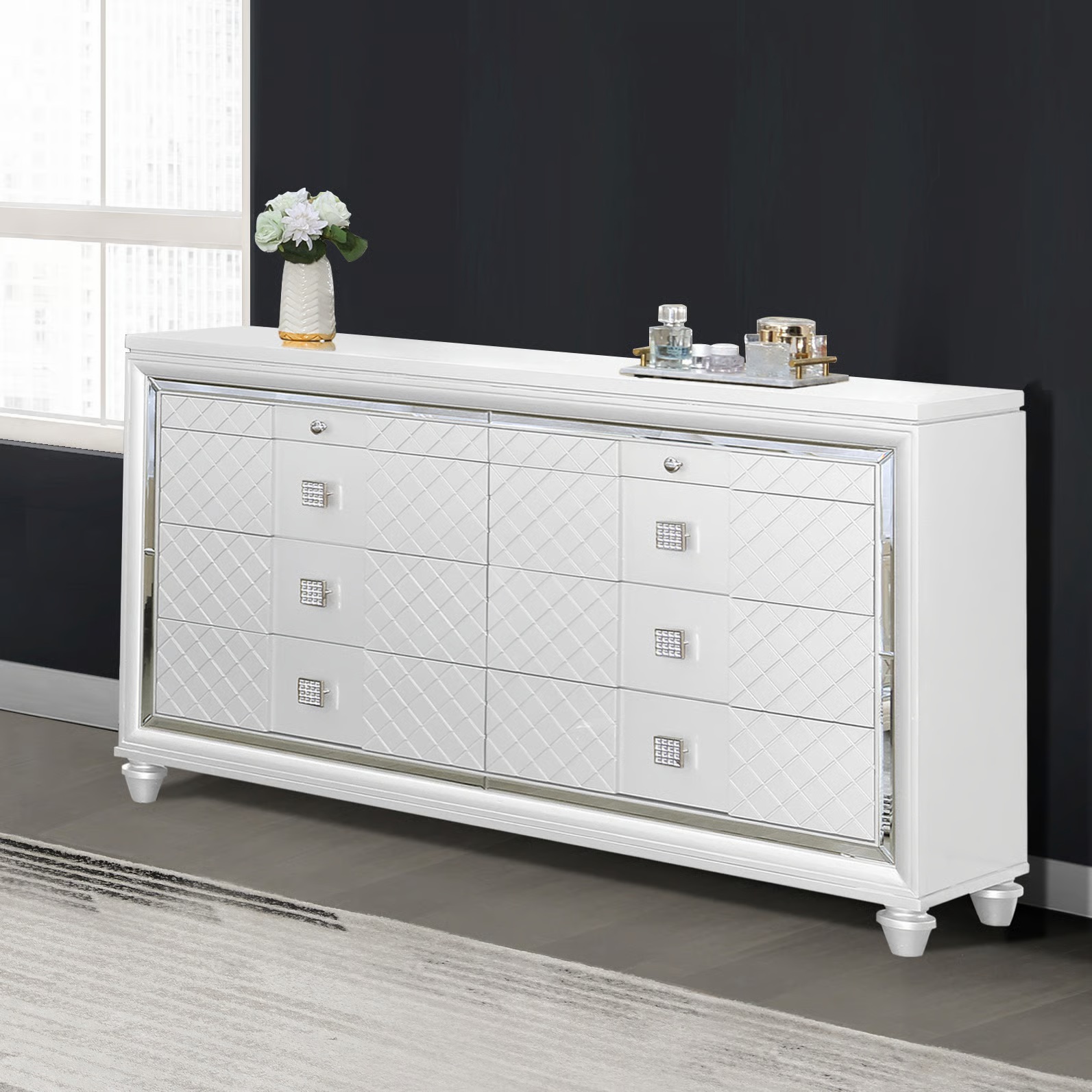 SM Carlyle Fabric/Wood Panel Storage Bedroom Set w/LED Light