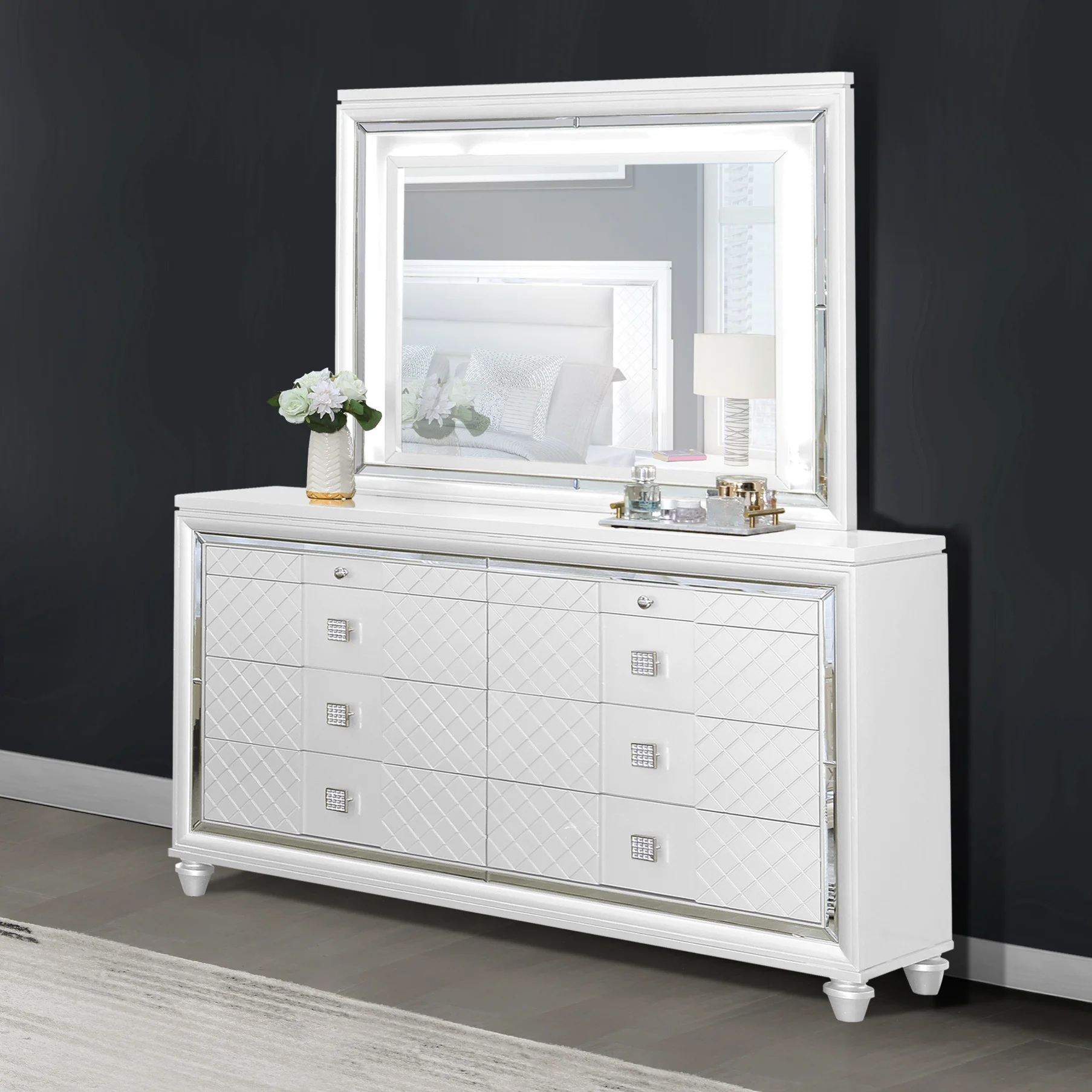 Moy 4pc Queen Bed and Bedroom Set, LED Mirror, Nightstand
