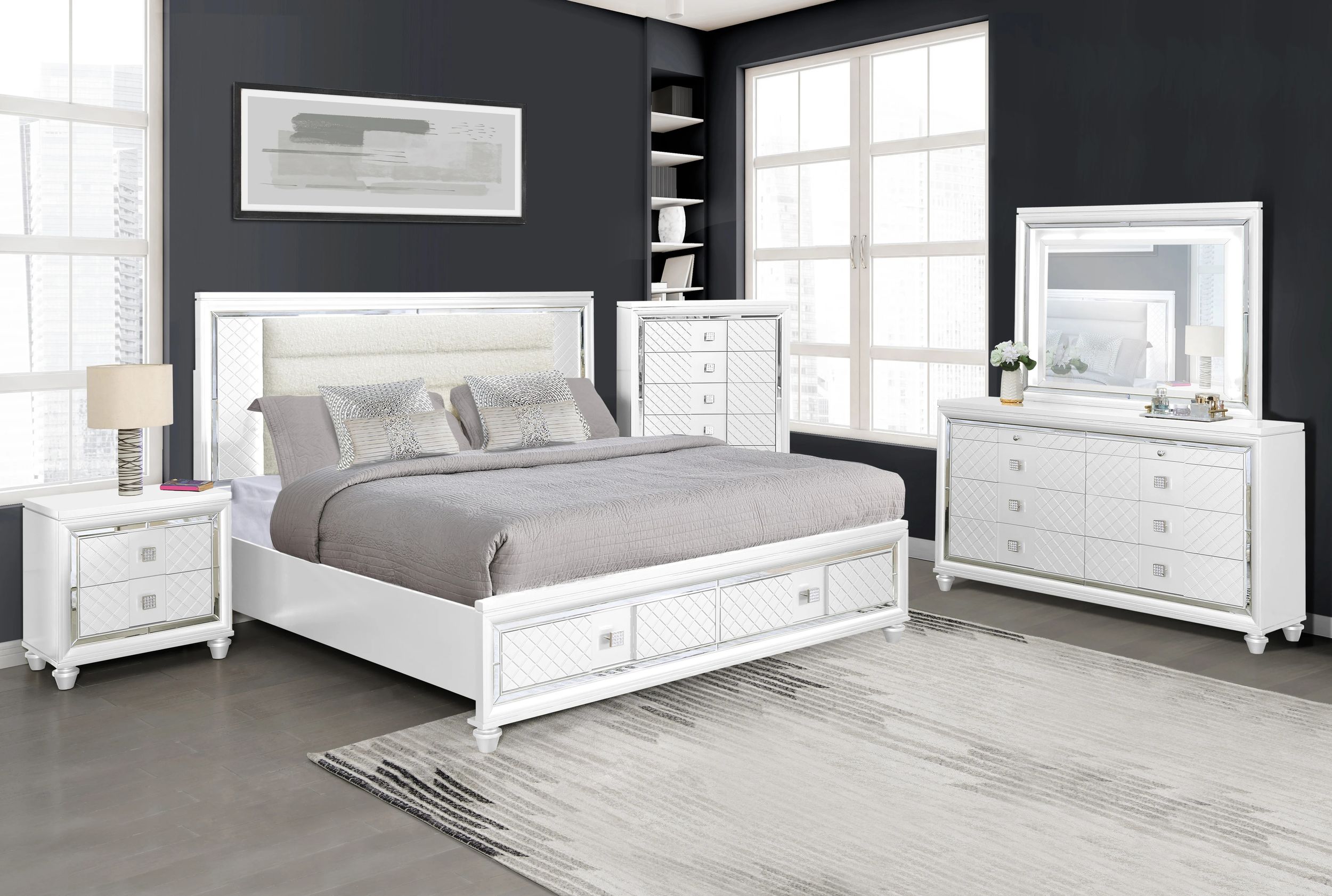 SM Carlyle Fabric/Wood Panel Storage Bedroom Set w/LED Light