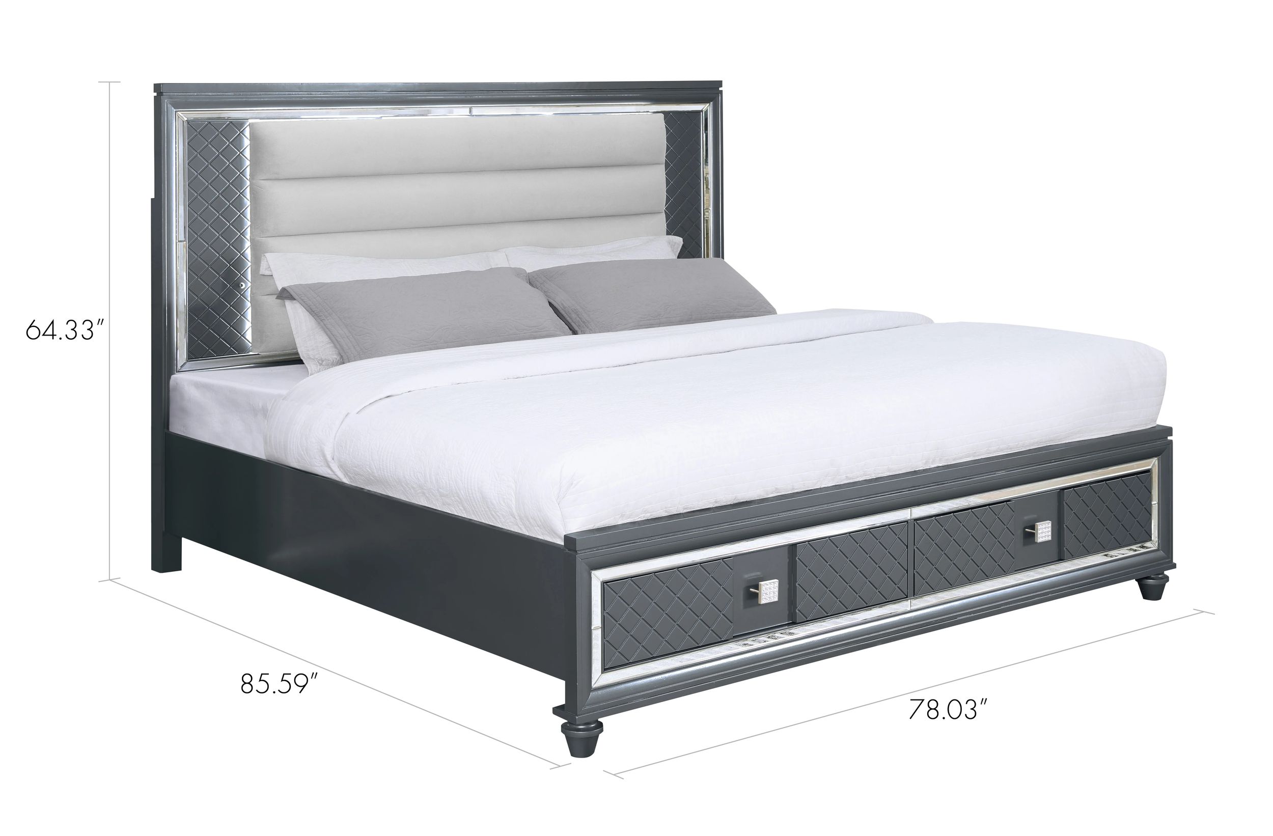 Moy King Size Bed, LED, Gray Upholstered Headboard and Footboard Storage