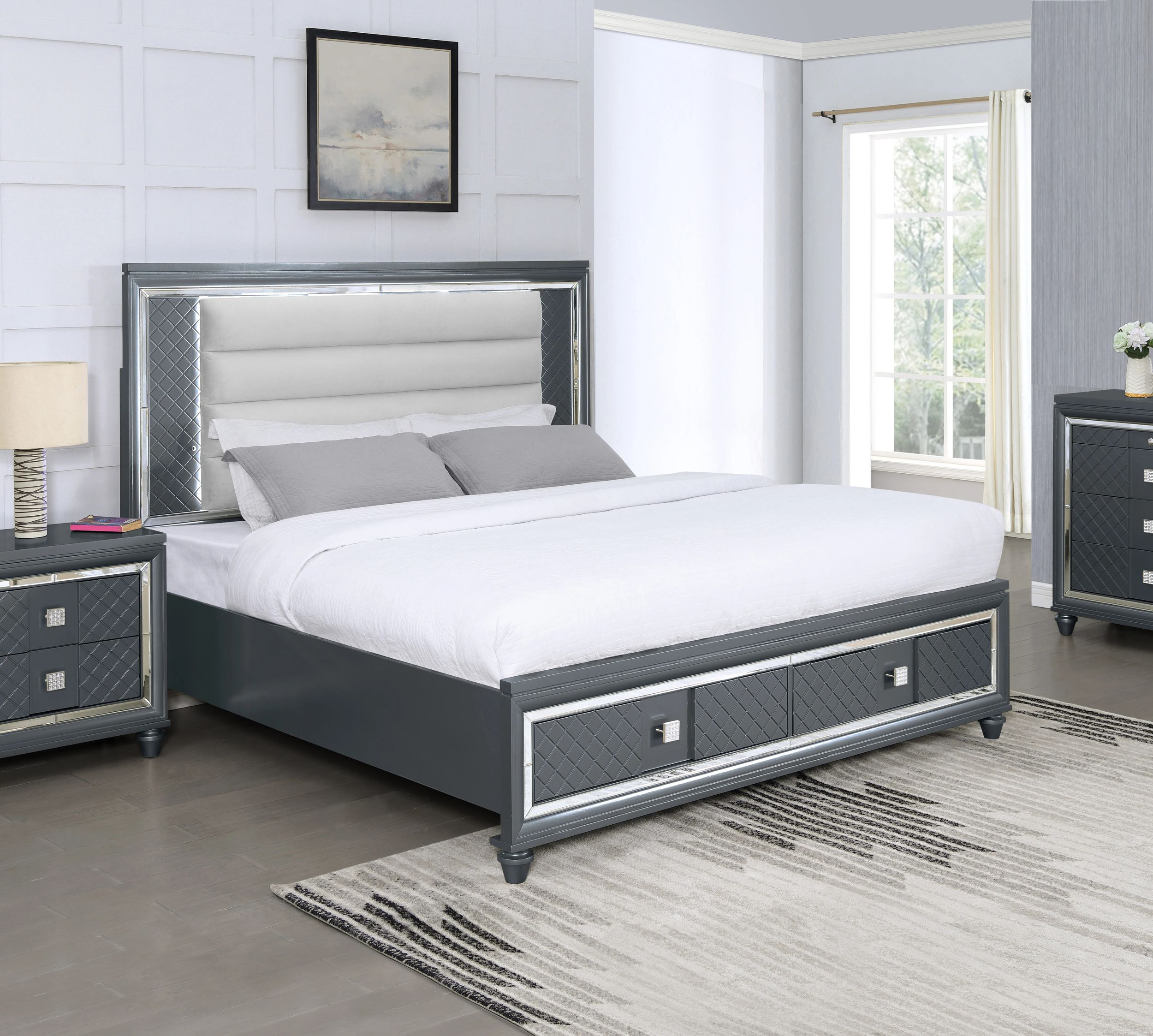SM Carlyle Fabric/Wood Panel Storage Bedroom Set w/LED Light