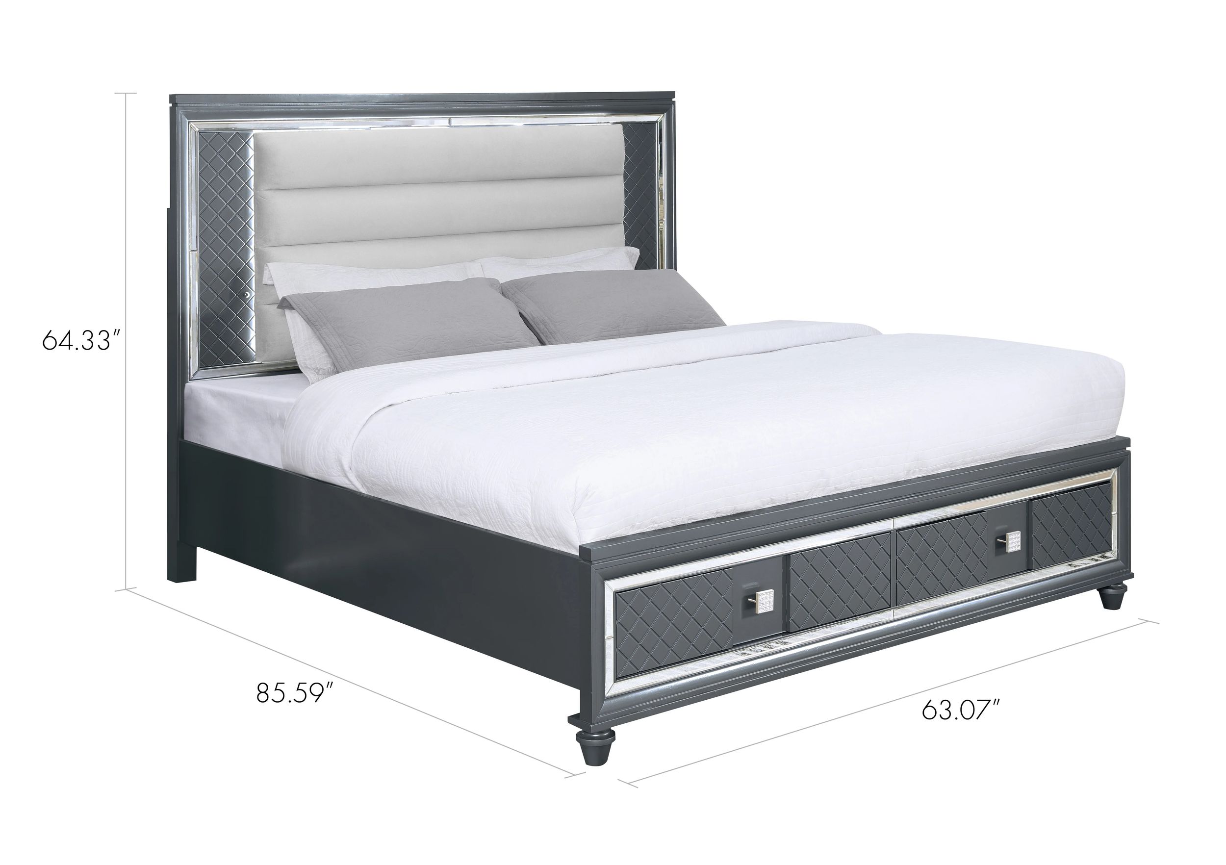 Moy King Size Bed, LED, Gray Upholstered Headboard and Footboard Storage
