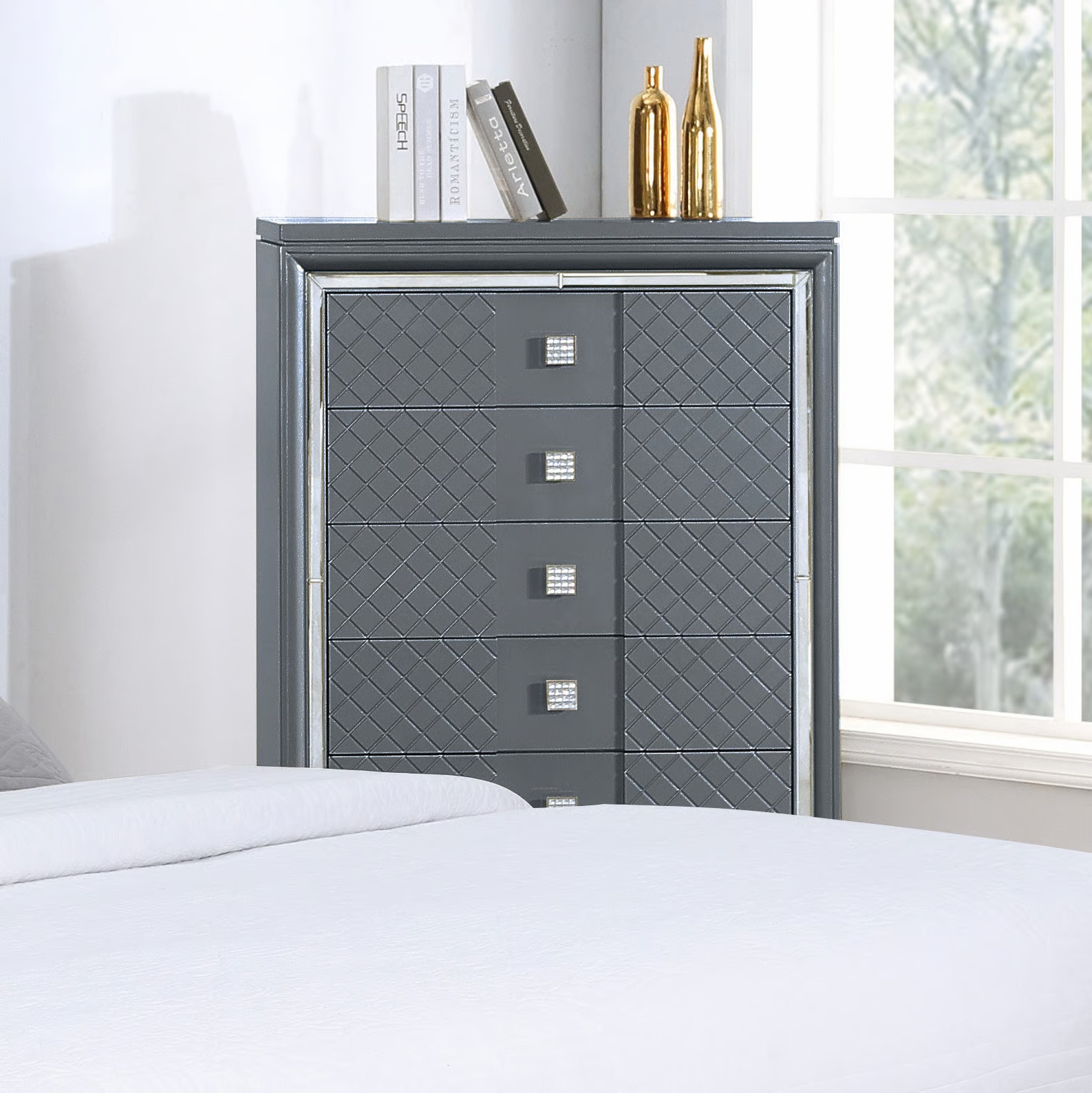 SM Carlyle Fabric/Wood Panel Storage Bedroom Set w/LED Light