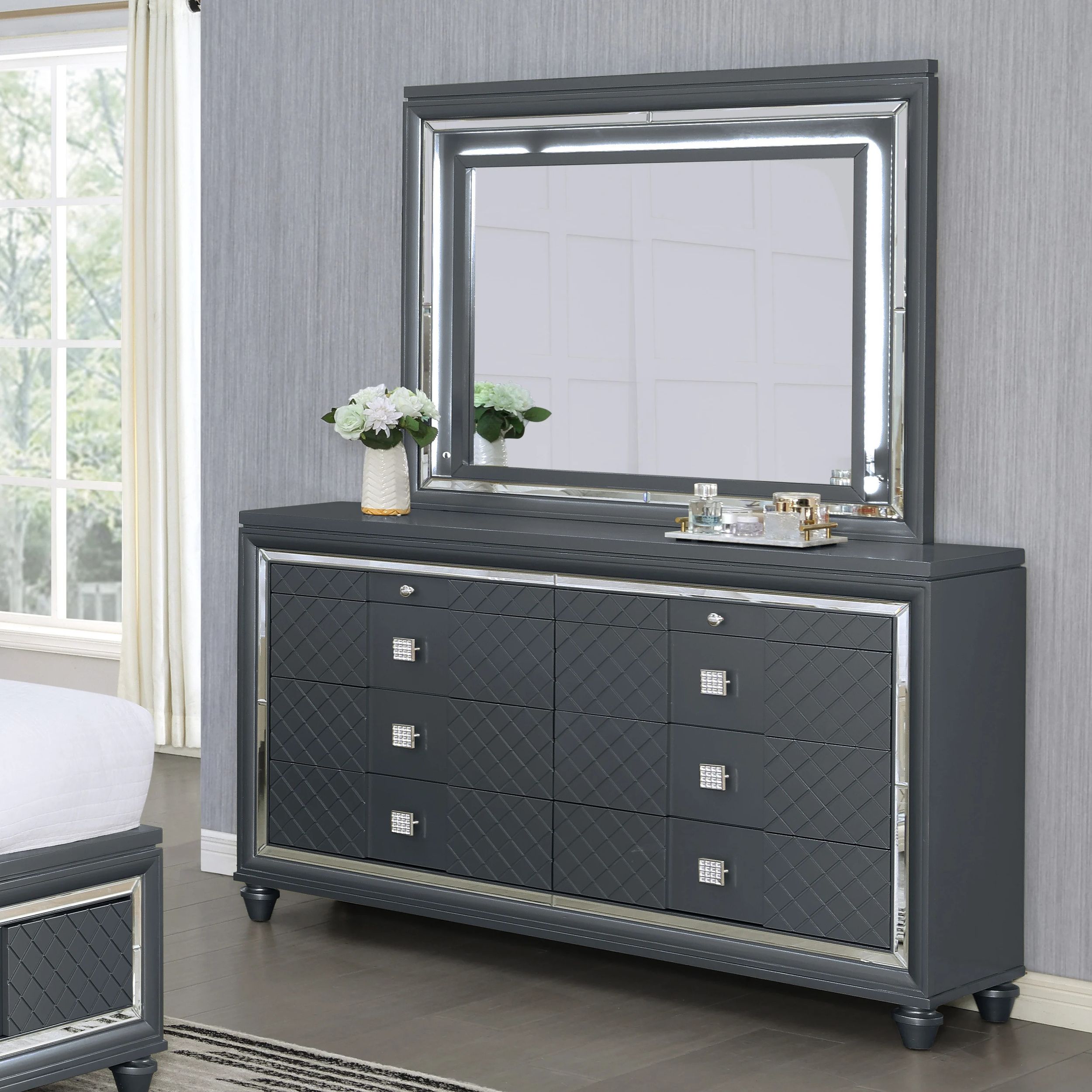6pc Metallic Gray Contemporary Bedroom Furniture Eastern