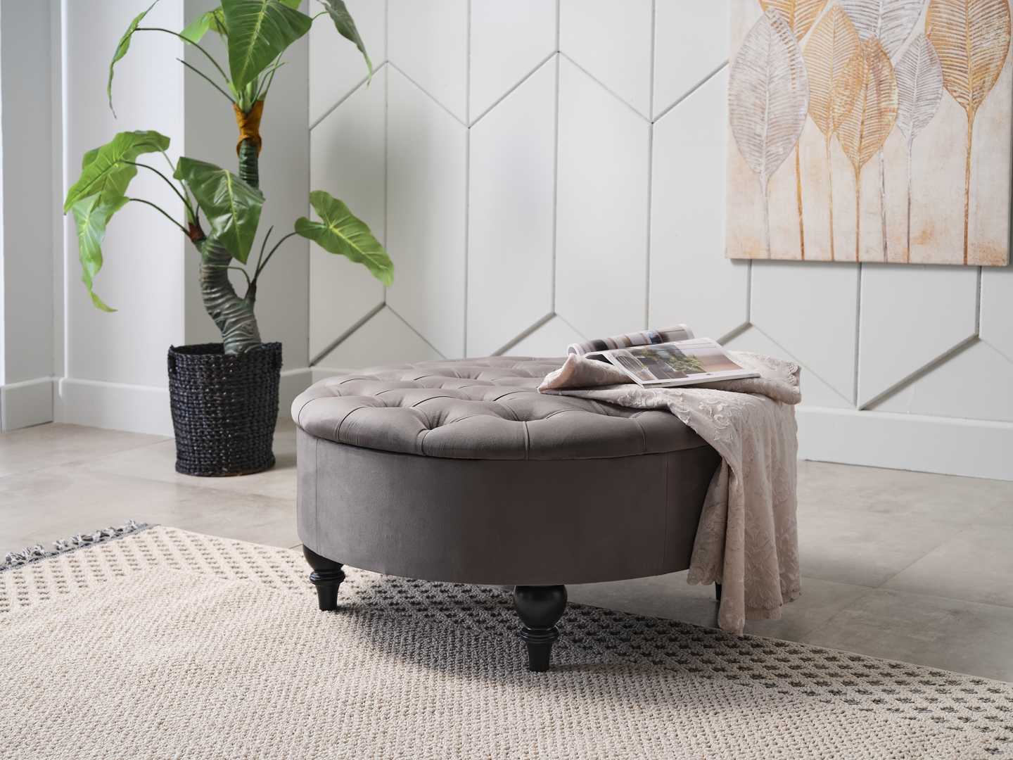 Suave Fabric Round Storage Ottoman