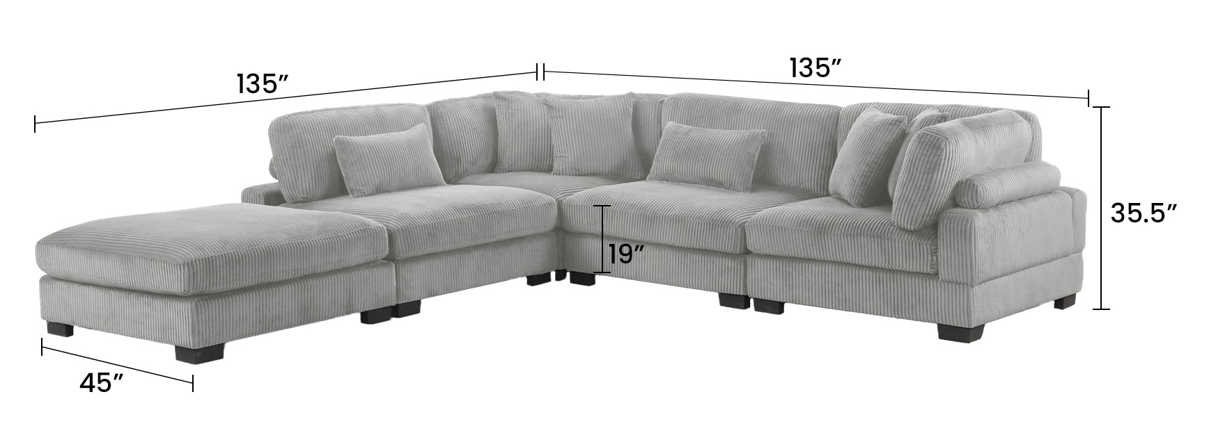135" Corduroy L-Shaped 5-Seat Modular Sectional