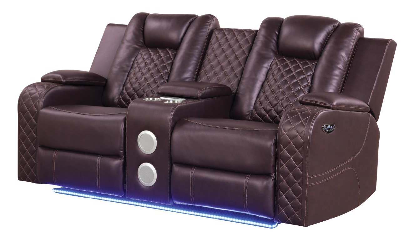 Benz Faux Leather Power Reclining Loveseat with Bluetooth Speaker, LED Lighting & USB Charger