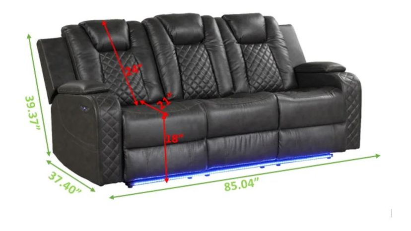Benz Faux Leather Power Reclining Sofa with LED Lighting & USB Charger