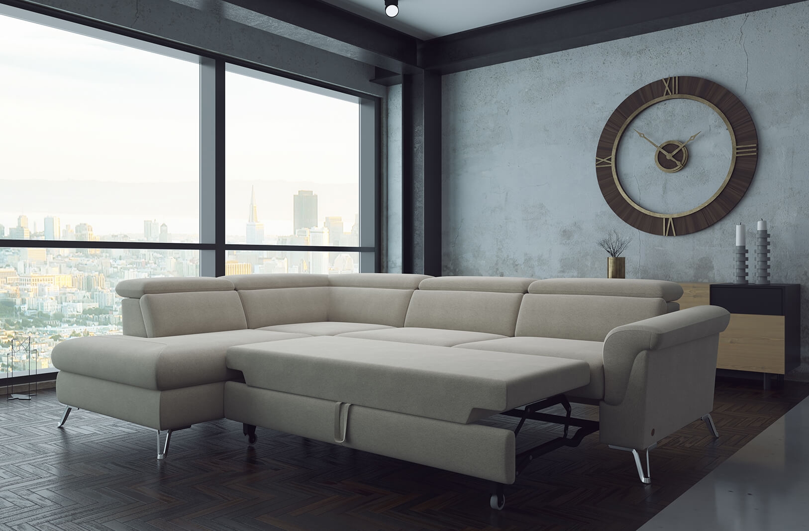 Berlin Fabric L-Shaped Sectional Sofa with Sleeper & Storage, Left Facing Chaise