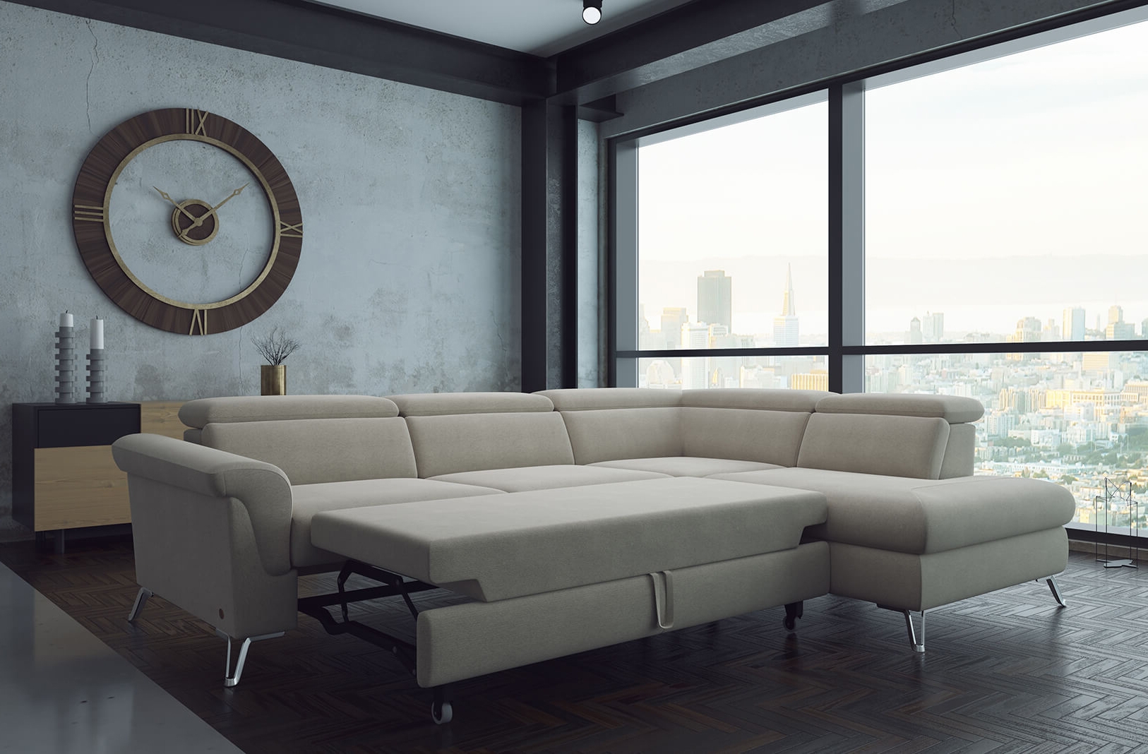 Berlin Fabric L-Shaped Sectional Sofa with Sleeper & Storage, Right Facing Chaise