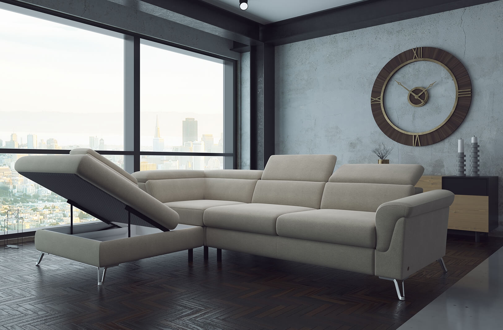 Berlin Fabric L-Shaped Sectional Sofa with Sleeper & Storage