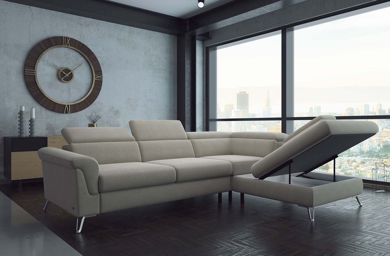 Berlin Fabric L-Shaped Sectional Sofa with Sleeper & Storage, Right Facing Chaise