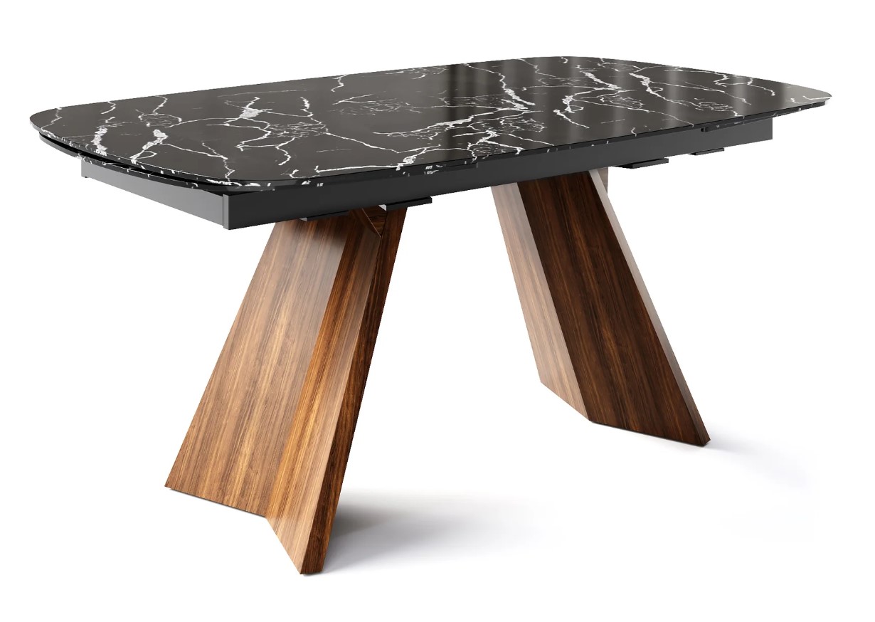 Icaro W78.8"-116.6" Rectangular Ceramic/Wood Veneer Extendable Dining Table w/Rounded Corners