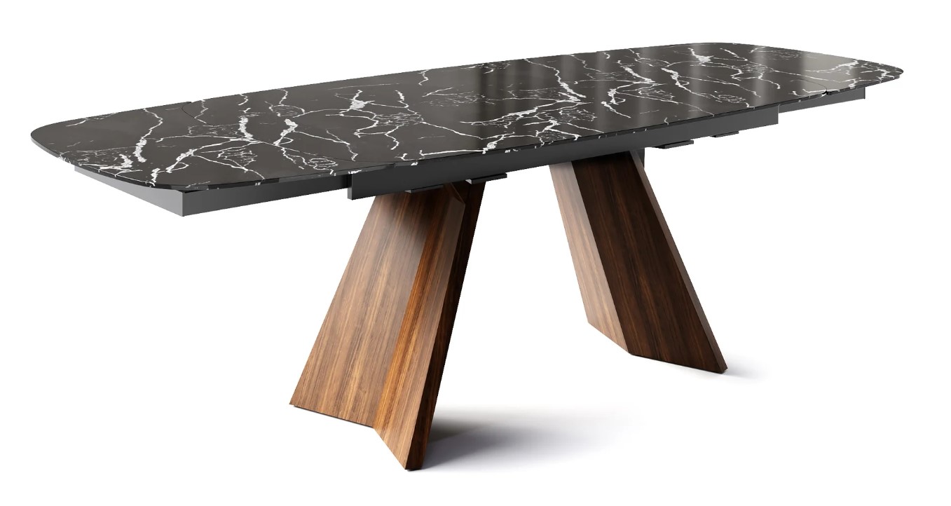 Icaro W65"-95" Rectangular Ceramic/Wood Veneer Extendable Dining Table w/Rounded Corners