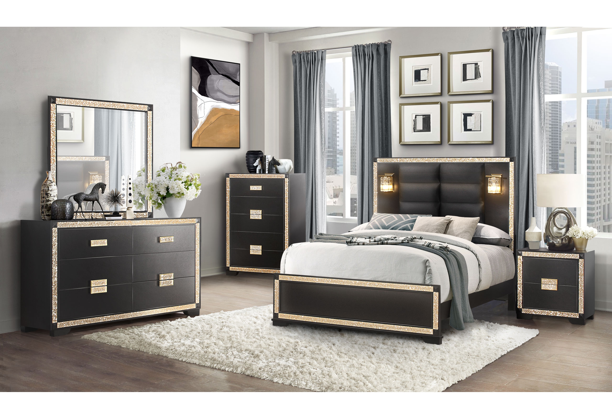 Blake Fabric/Wood Bed w/Lamps
