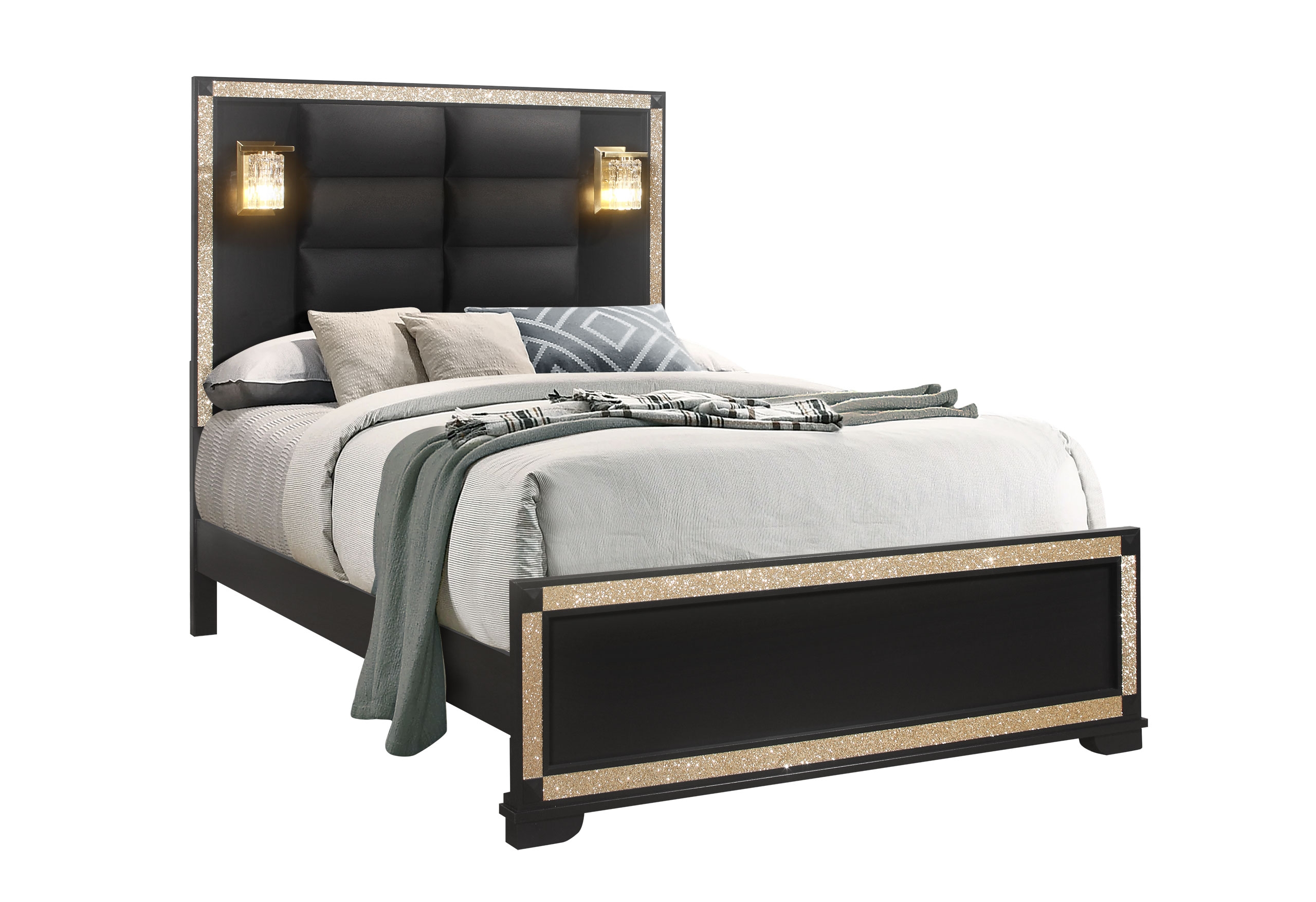 Blake Fabric/Wood Bed w/Lamps, Queen Size