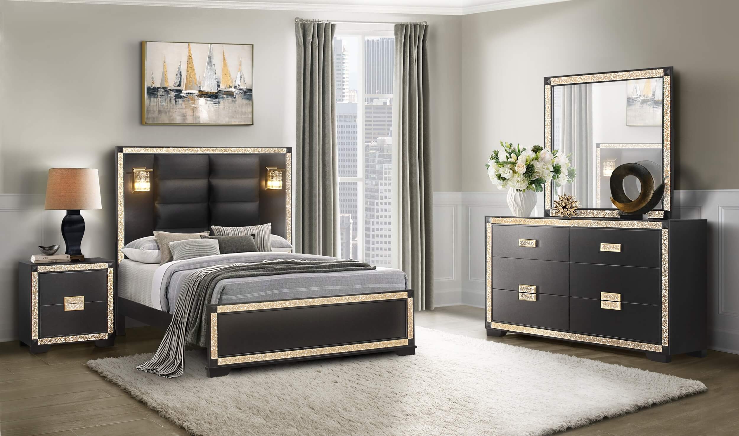 Blake Fabric/Wood Panel Bedroom Set w/Lamps