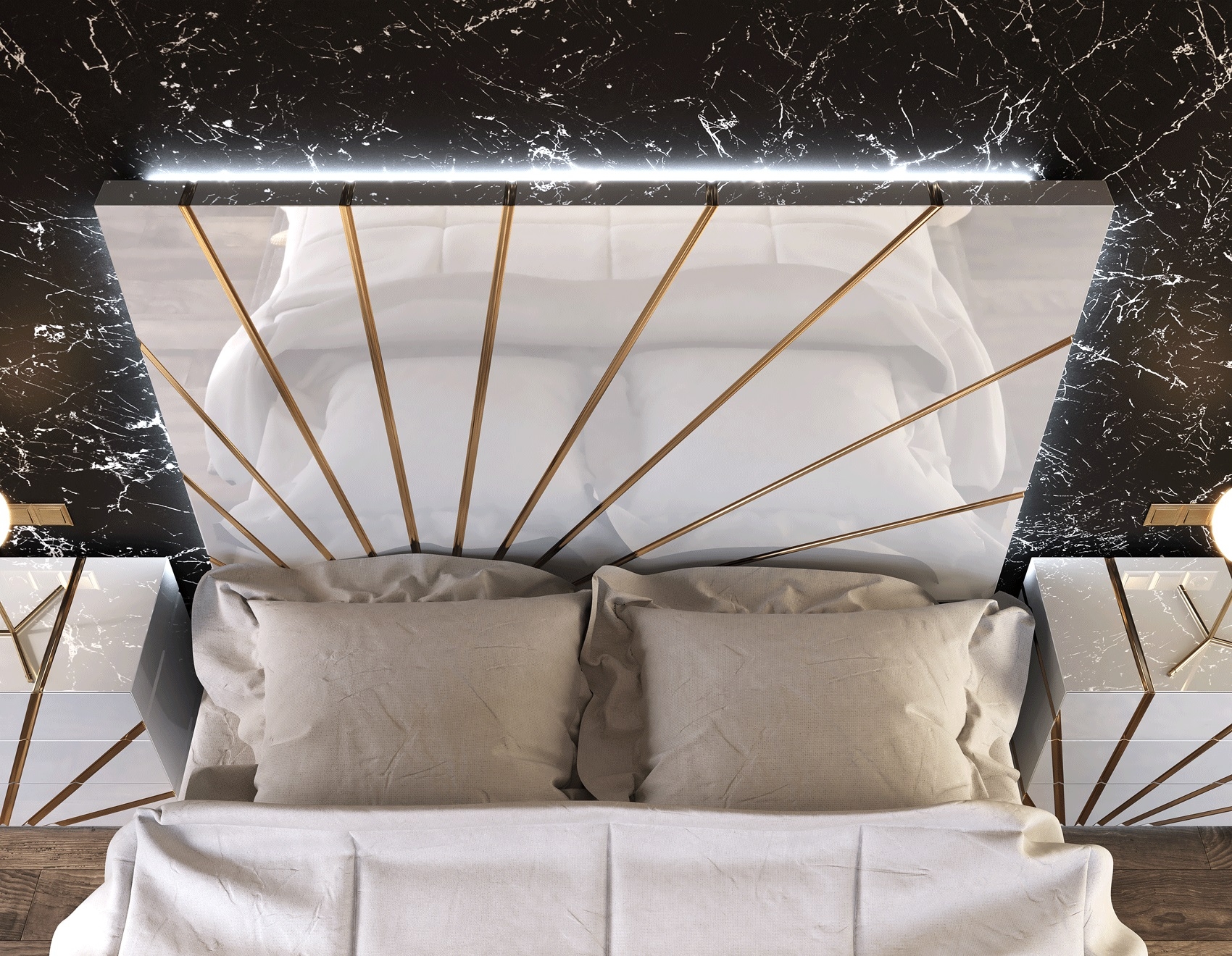 Oro Wood Veneer Platform Bed w/LED Headboard