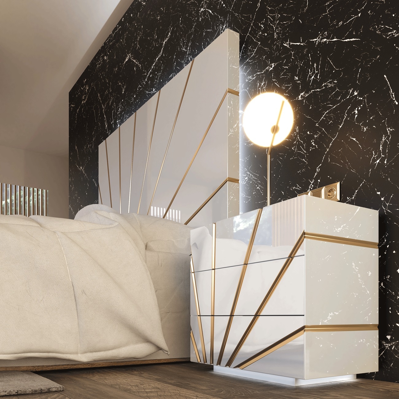 Oro Wood Veneer Platform Bed w/LED Headboard