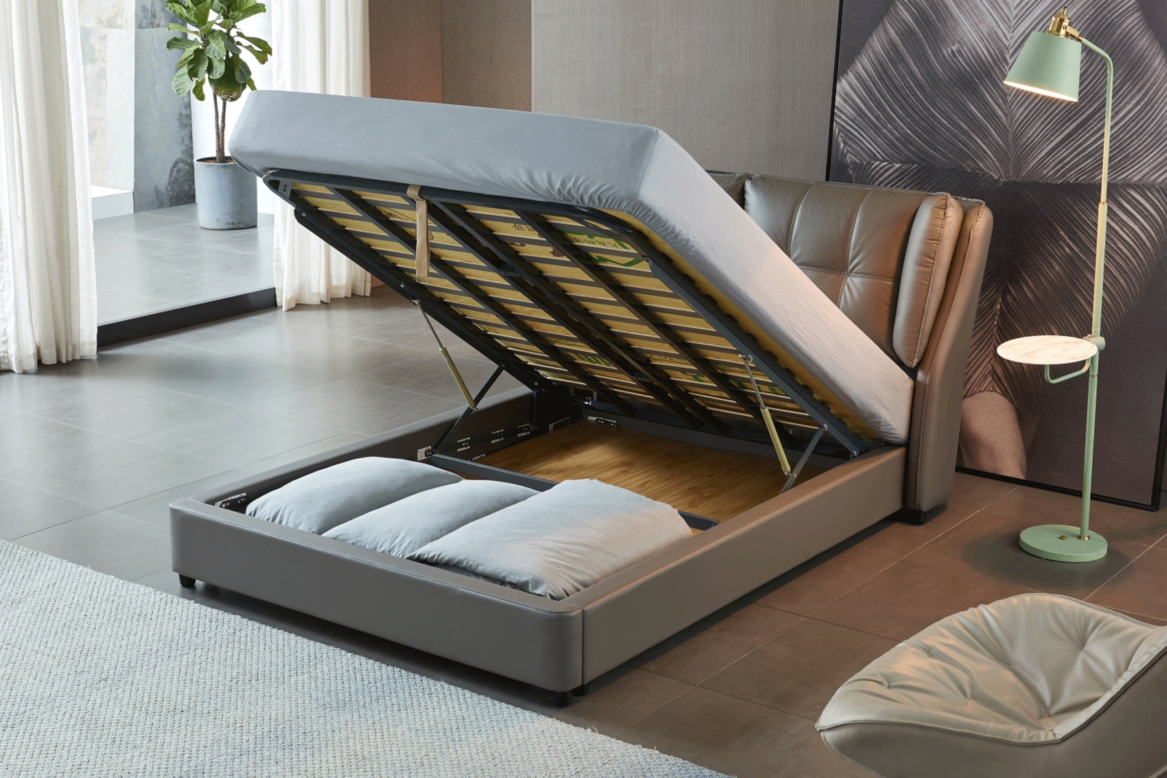1806 Top-Grain Leather/Split Leather Storage Platform Bed